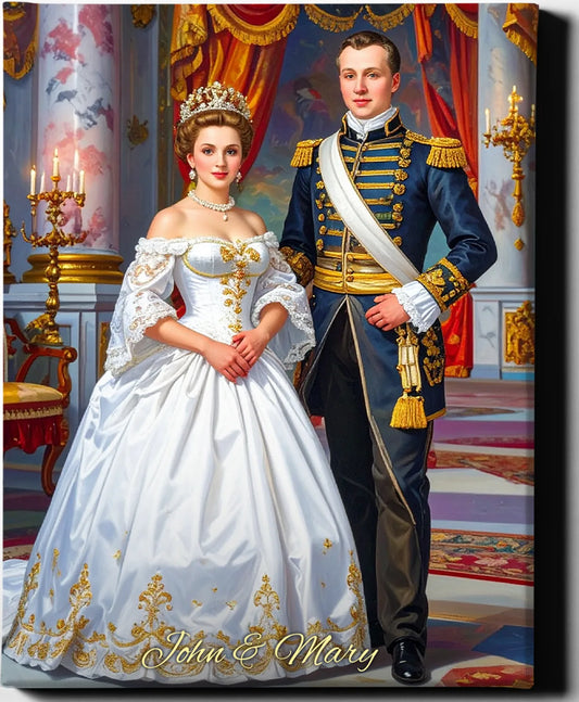 Custom Royal Couple Portrait | Golden Gala Pair | Personalized Wall Art Gift