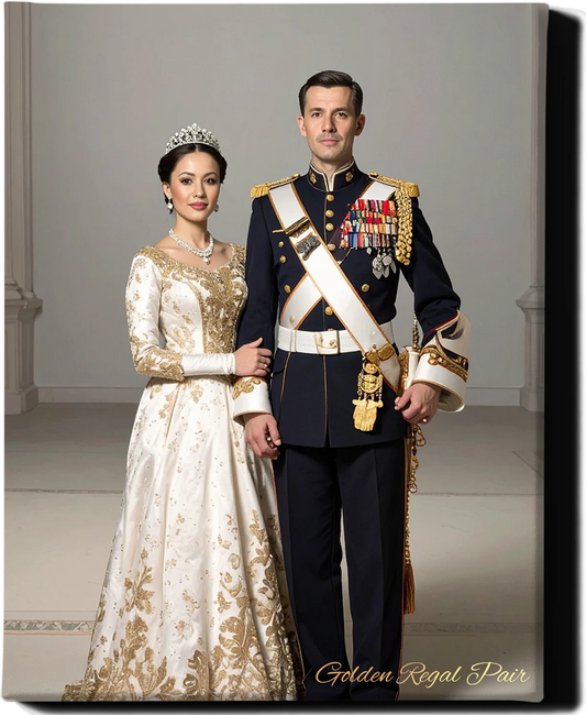 Custom Royal Couple Portrait | Golden Regal Pair | Personalized Wall Art Gift