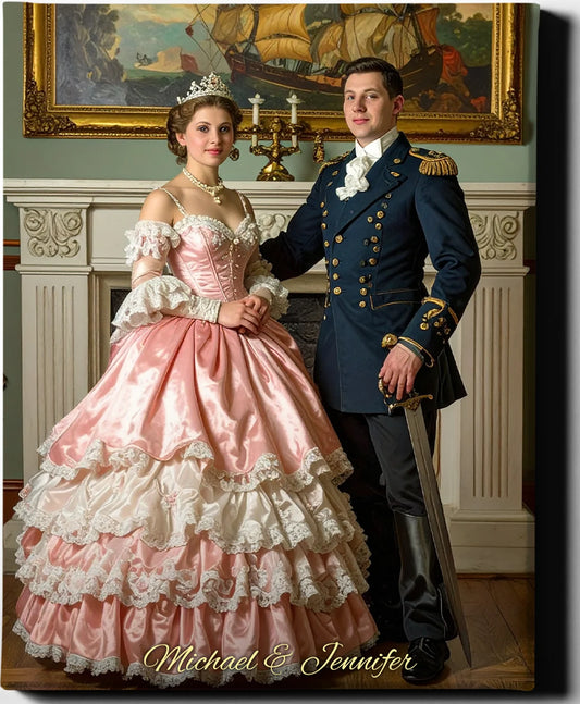 Custom Royal Couple Portrait | Majestic Naval Couple | Personalized Wall Art Gift