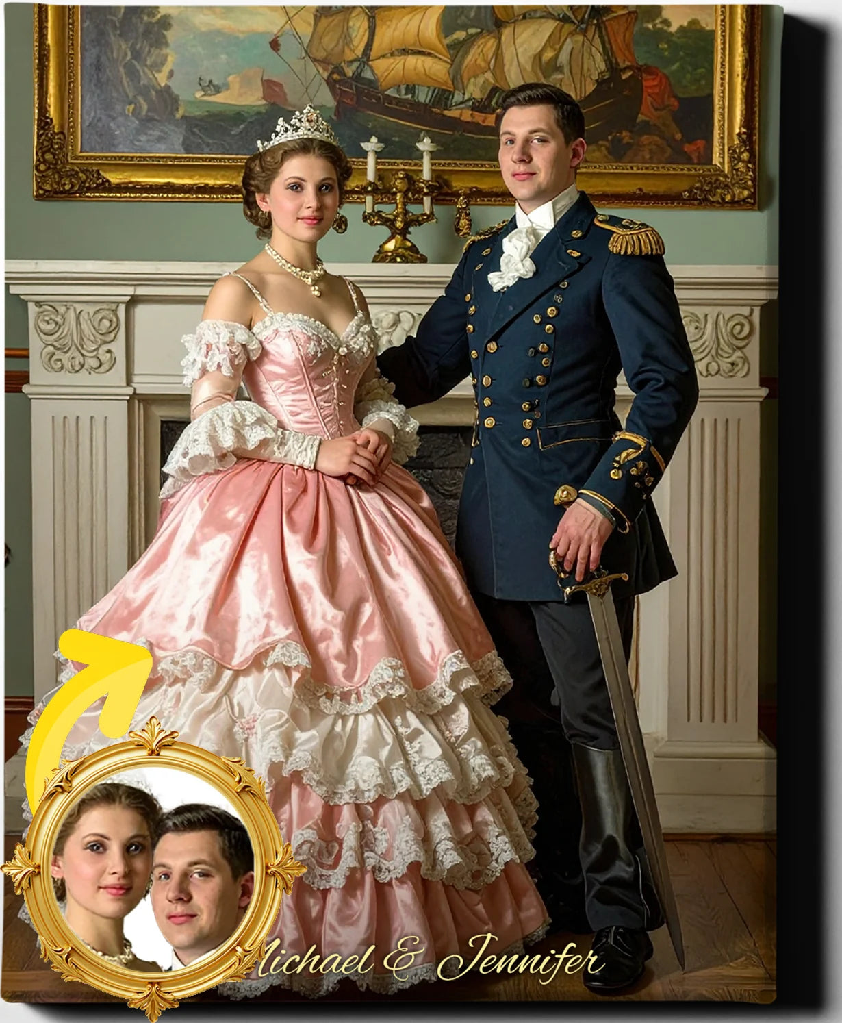 Custom Royal Couple Portrait | Majestic Naval Couple | Personalized Wall Art Gift
