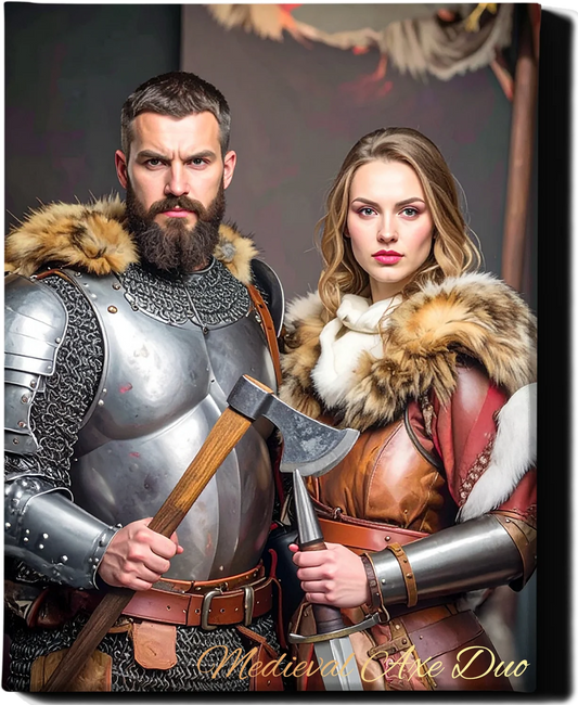 Custom Royal Couple Portrait | Medieval Axe Duo | Personalized Wall Art Gift