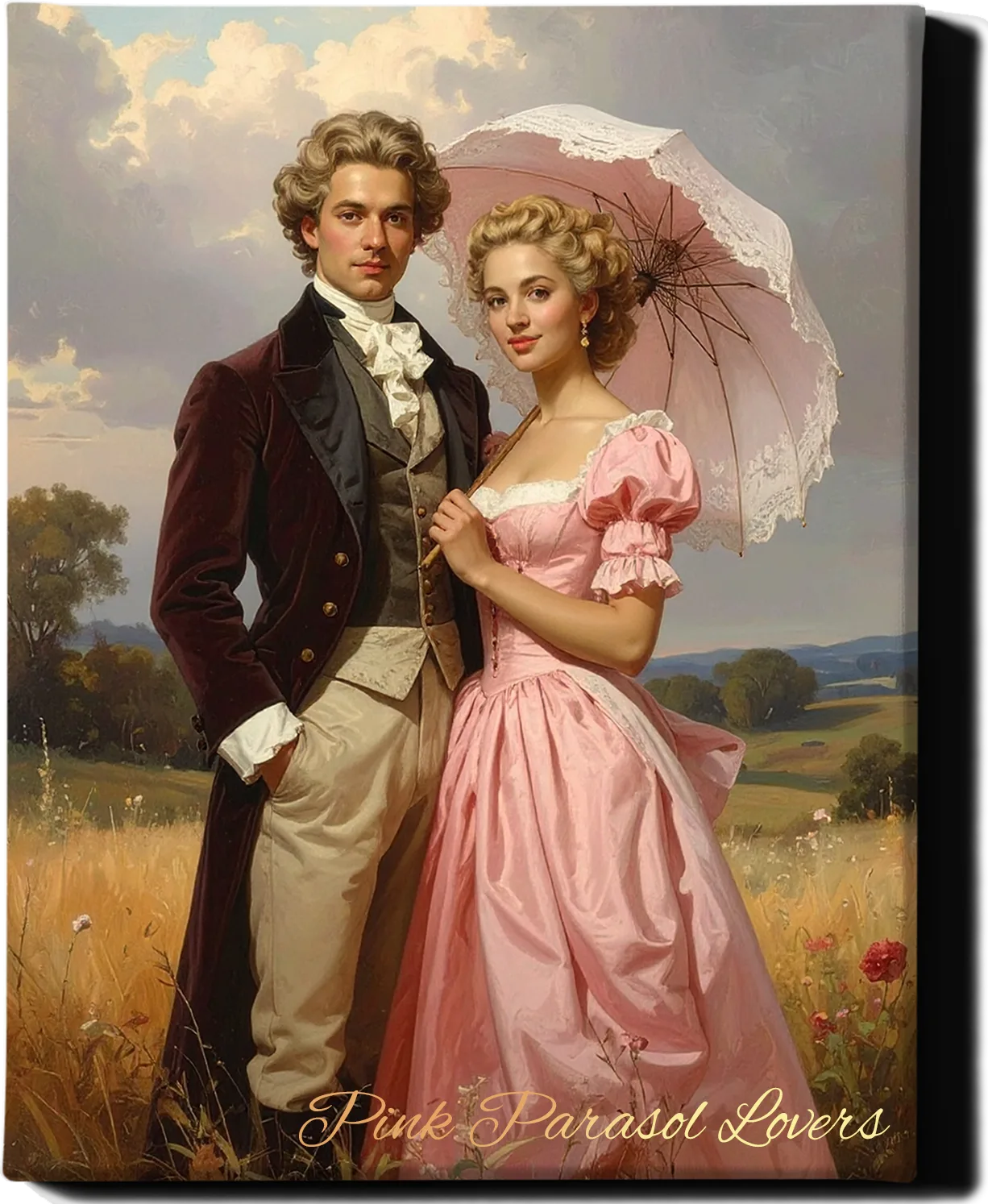 Custom Royal Couple Portrait | Pink Parasol Lovers | Personalized Wall Art Gift