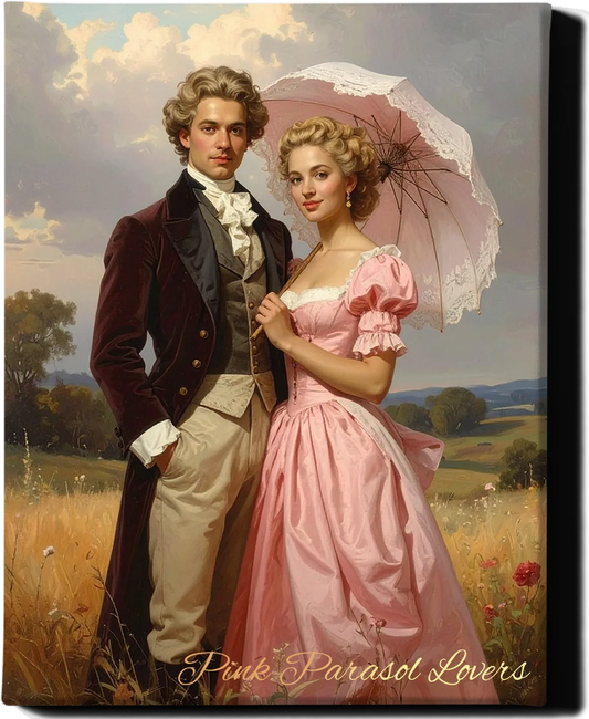 Custom Royal Couple Portrait | Pink Parasol Lovers | Personalized Wall Art Gift