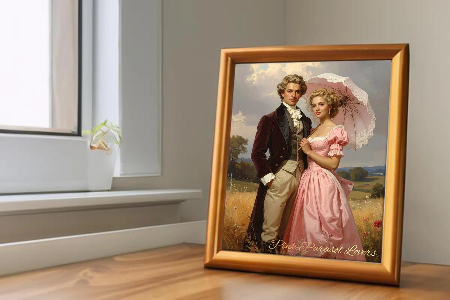 Custom Royal Couple Portrait | Pink Parasol Lovers | Personalized Wall Art Gift