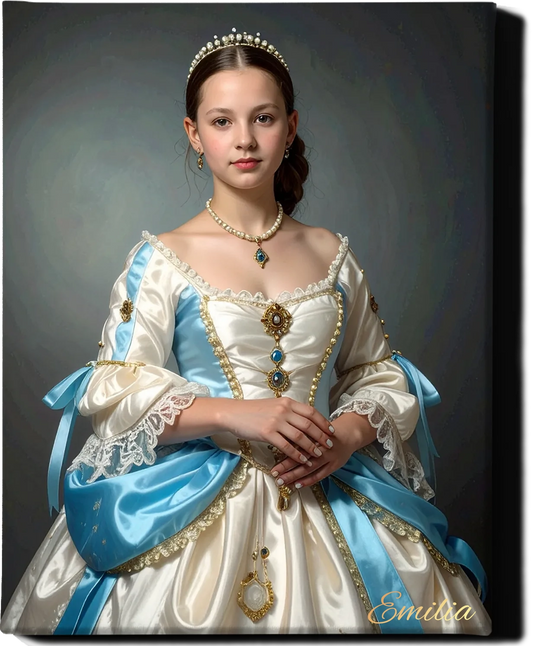 Custom Royal Human Portrait | Princess in White and Blue | Personalized Wall Art Gift for her