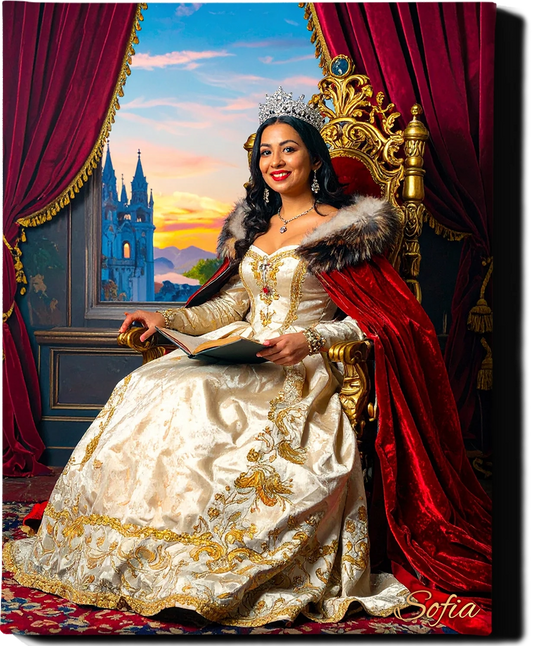 Custom Royal Human Portrait | Queen Consort in Crimson Robe | Personalized Wall Art Gift for her
