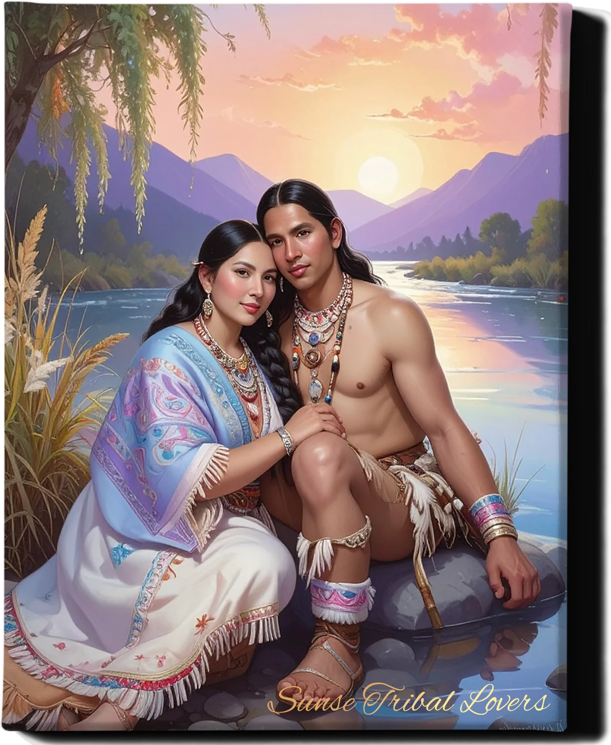 Custom Royal Couple Portrait | Sunset Tribal Lovers | Personalized Wall Art Gift