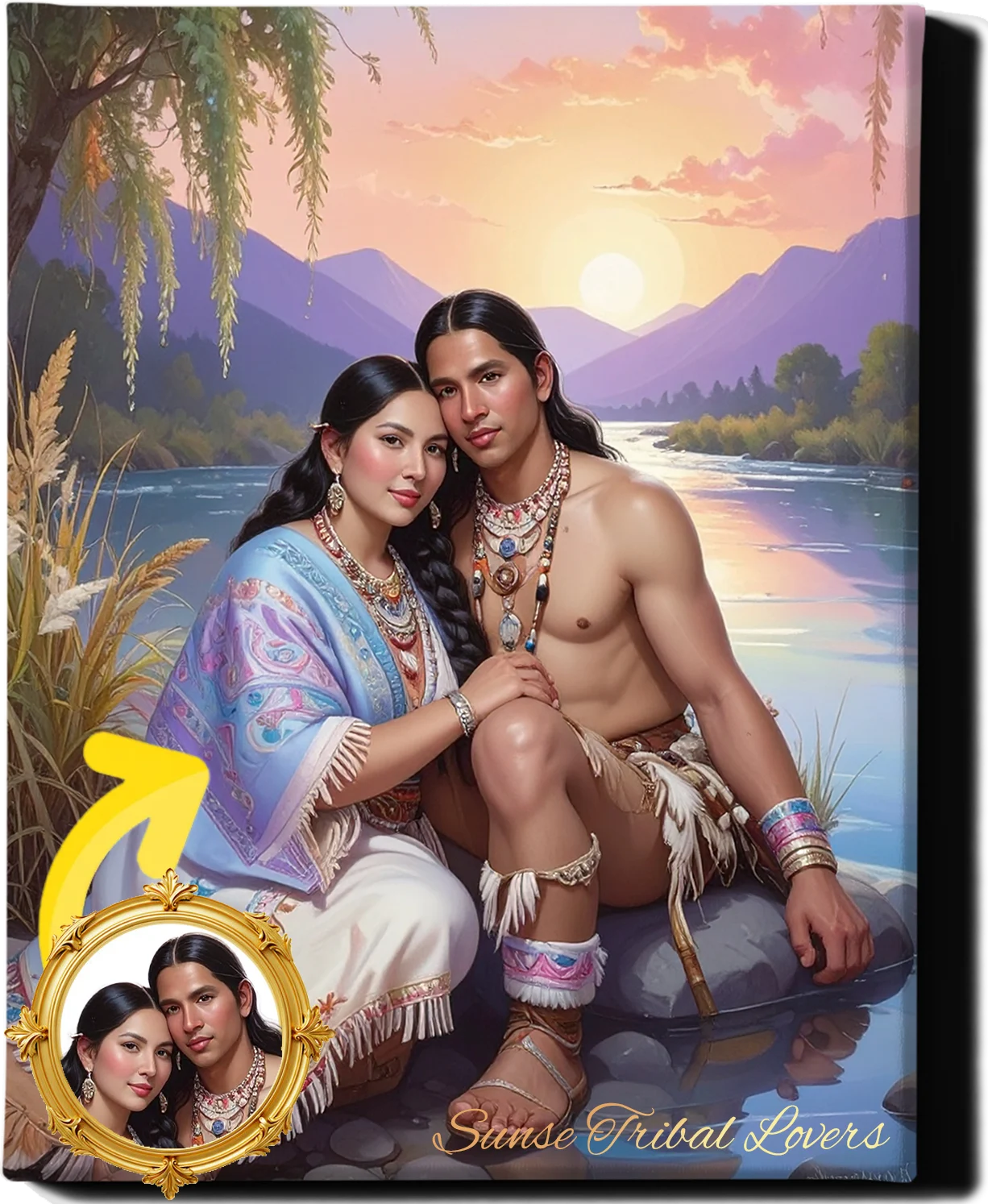 Custom Royal Couple Portrait | Sunset Tribal Lovers | Personalized Wall Art Gift