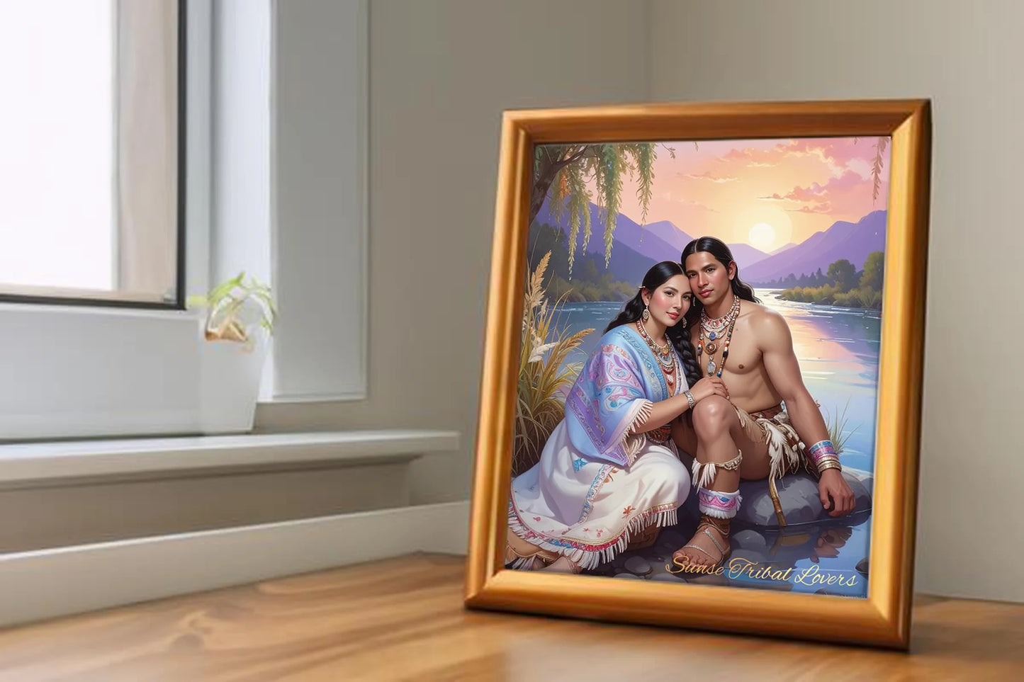 Custom Royal Couple Portrait | Sunset Tribal Lovers | Personalized Wall Art Gift