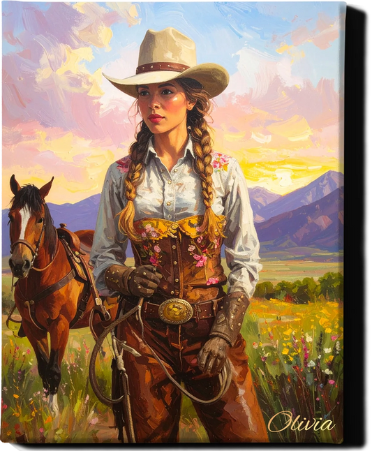 Custom Royal Human Portrait | Western Cowgirl Portrait | Personalized Wall Art Gift for Her