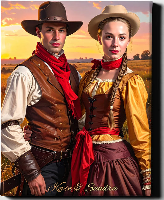 Custom Royal Couple Portrait | Western Frontier Duo | Personalized Wall Art Gift