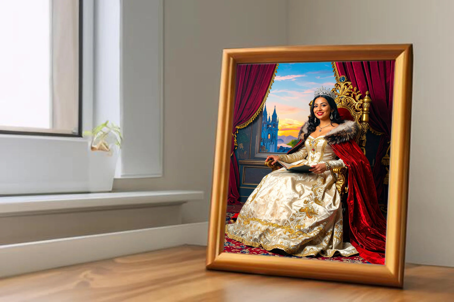 Custom Royal Human Portrait | Queen Consort in Crimson Robe | Personalized Wall Art Gift for her
