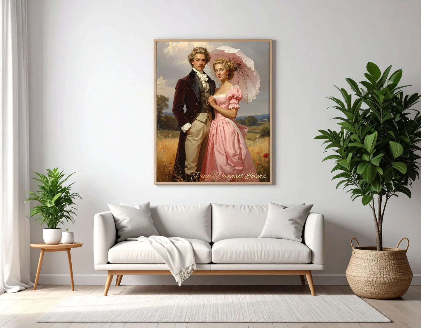Custom Royal Couple Portrait | Pink Parasol Lovers | Personalized Wall Art Gift