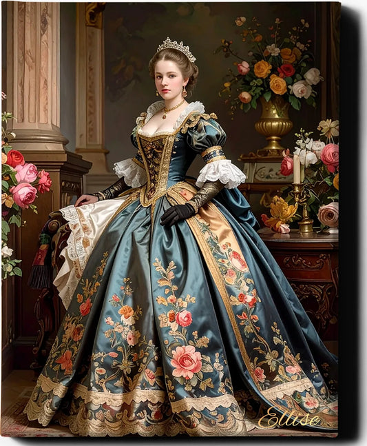 Custom Royal Human Portrait | Splendor with Florals | Personalized Wall Art Gift for her