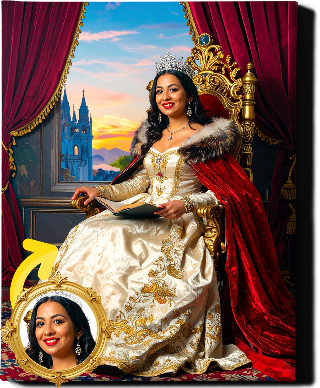 Custom Royal Human Portrait | Queen Consort in Crimson Robe | Personalized Wall Art Gift for her