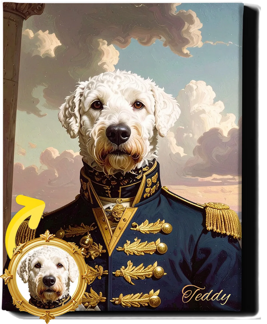Custom Royal Pet Portrait | Admiral Fluffy Tails | Personalized Wall Art for Pet Lovers
