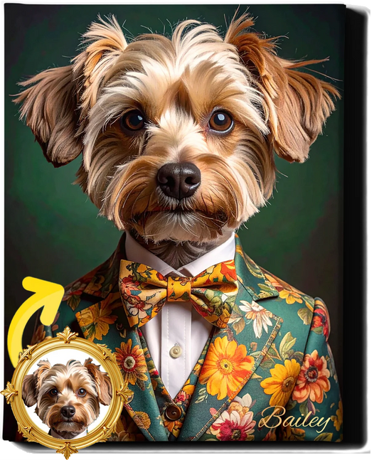 Custom Royal Pet Portrait | Floral Dandy Pup | Personalized Wall Art for Pet Lovers