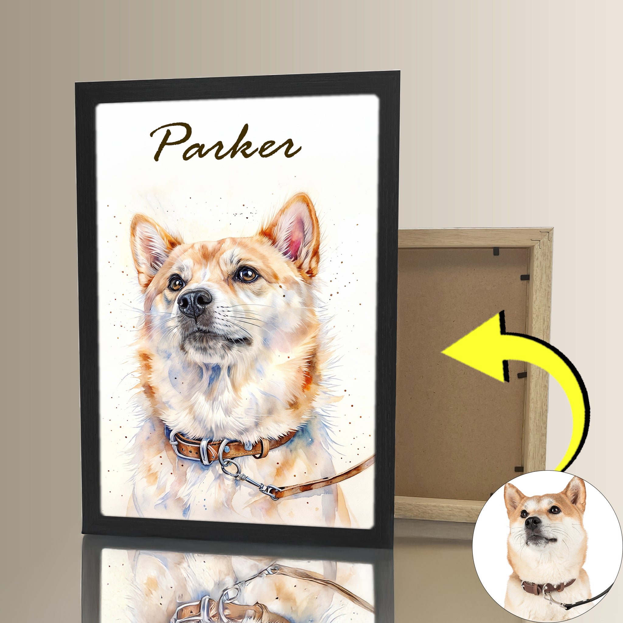 Custom pet portrait framed poster with wooden frame and vibrant print