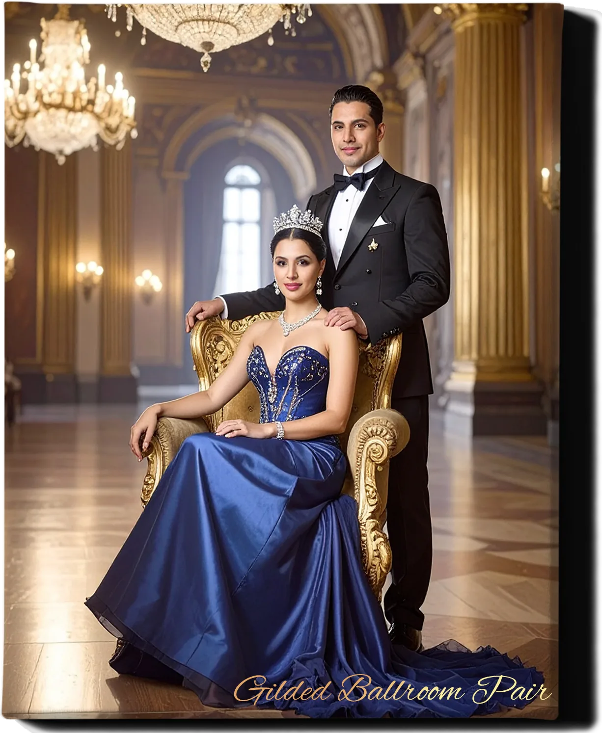 Custom Royal Couple Portrait | Gilded Ballroom Pair | Personalized Wall Art Gift