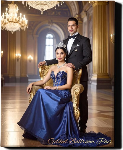 Custom Royal Couple Portrait | Gilded Ballroom Pair | Personalized Wall Art Gift