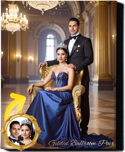 Custom Royal Couple Portrait | Gilded Ballroom Pair | Personalized Wall Art Gift