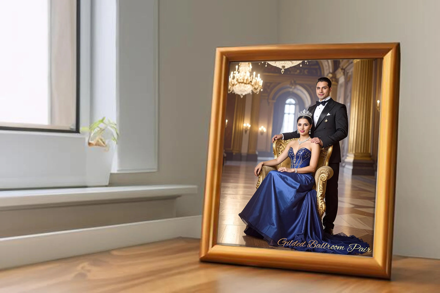 Custom Royal Couple Portrait | Gilded Ballroom Pair | Personalized Wall Art Gift