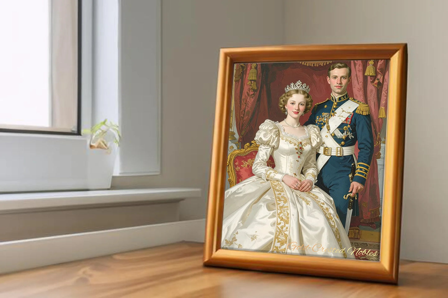 Custom Royal Couple Portrait | Gold-Crested Nobles | Personalized Wall Art Gift