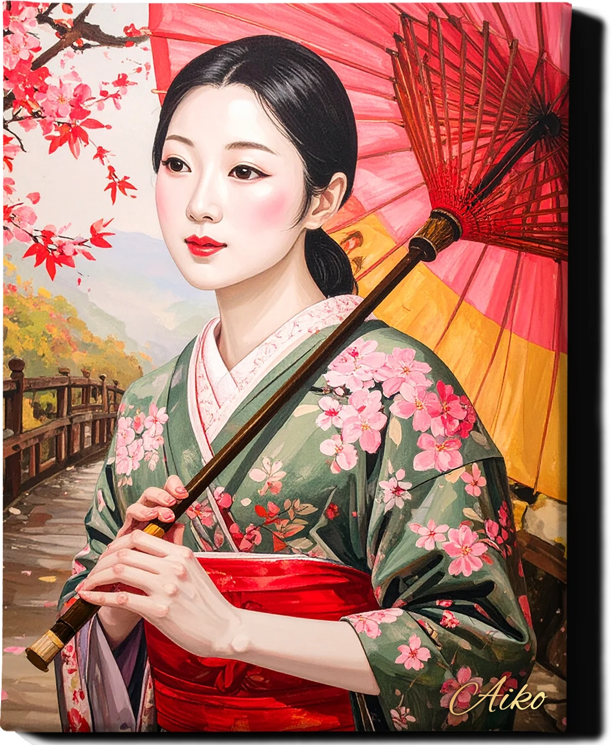 Custom Royal Human Portrait | Japanese Noble Lady with Umbrella | Personalized Wall Art Gift for her