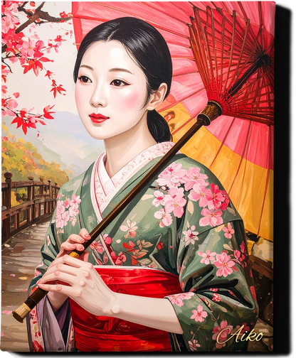 Custom Royal Human Portrait | Japanese Noble Lady with Umbrella | Personalized Wall Art Gift for her