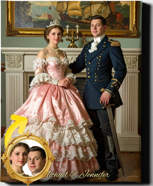 Custom Royal Couple Portrait | Majestic Naval Couple | Personalized Wall Art Gift