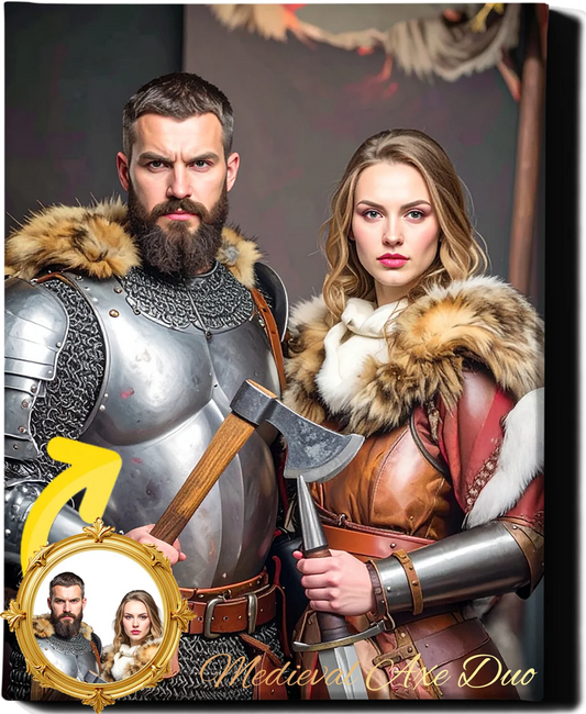 Custom Royal Couple Portrait | Medieval Axe Duo | Personalized Wall Art Gift