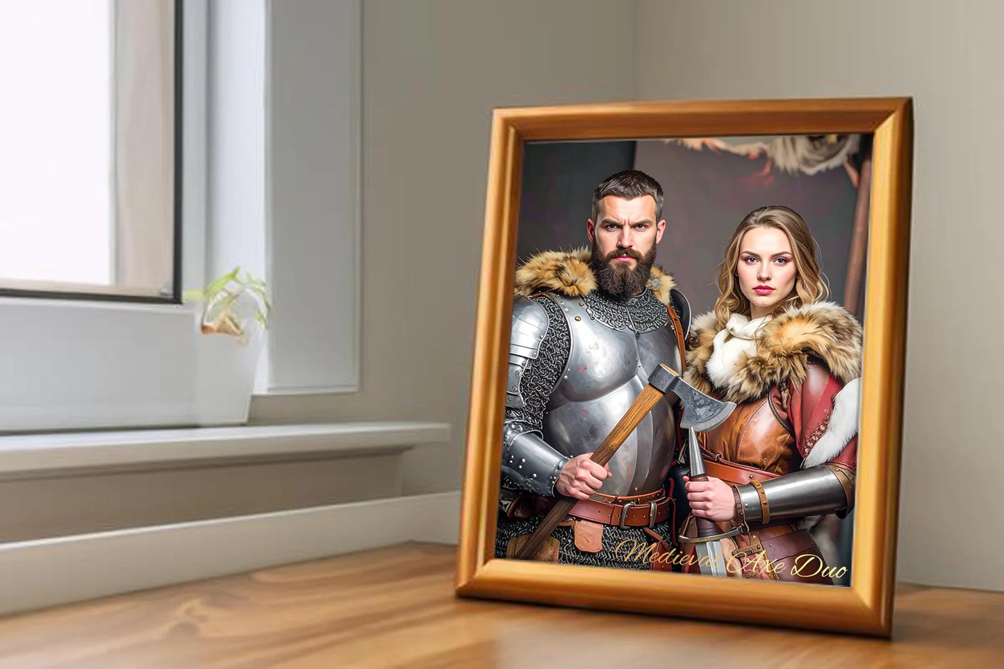 Custom Royal Couple Portrait | Medieval Axe Duo | Personalized Wall Art Gift