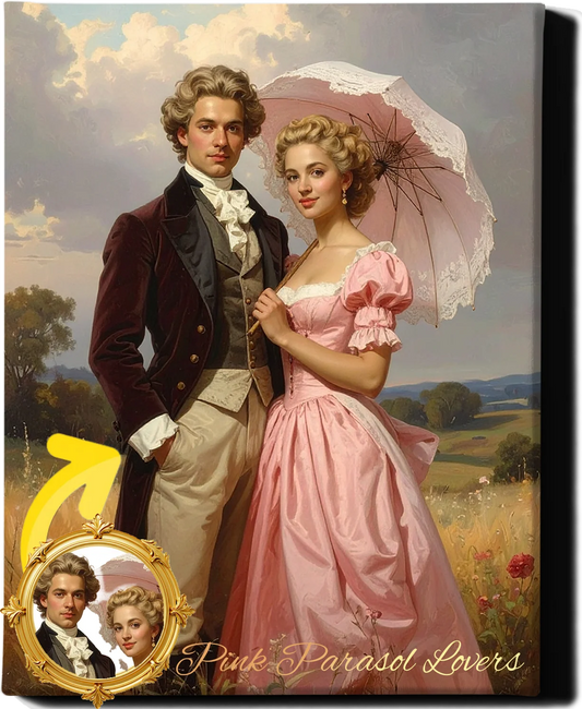 Custom Royal Couple Portrait | Pink Parasol Lovers | Personalized Wall Art Gift