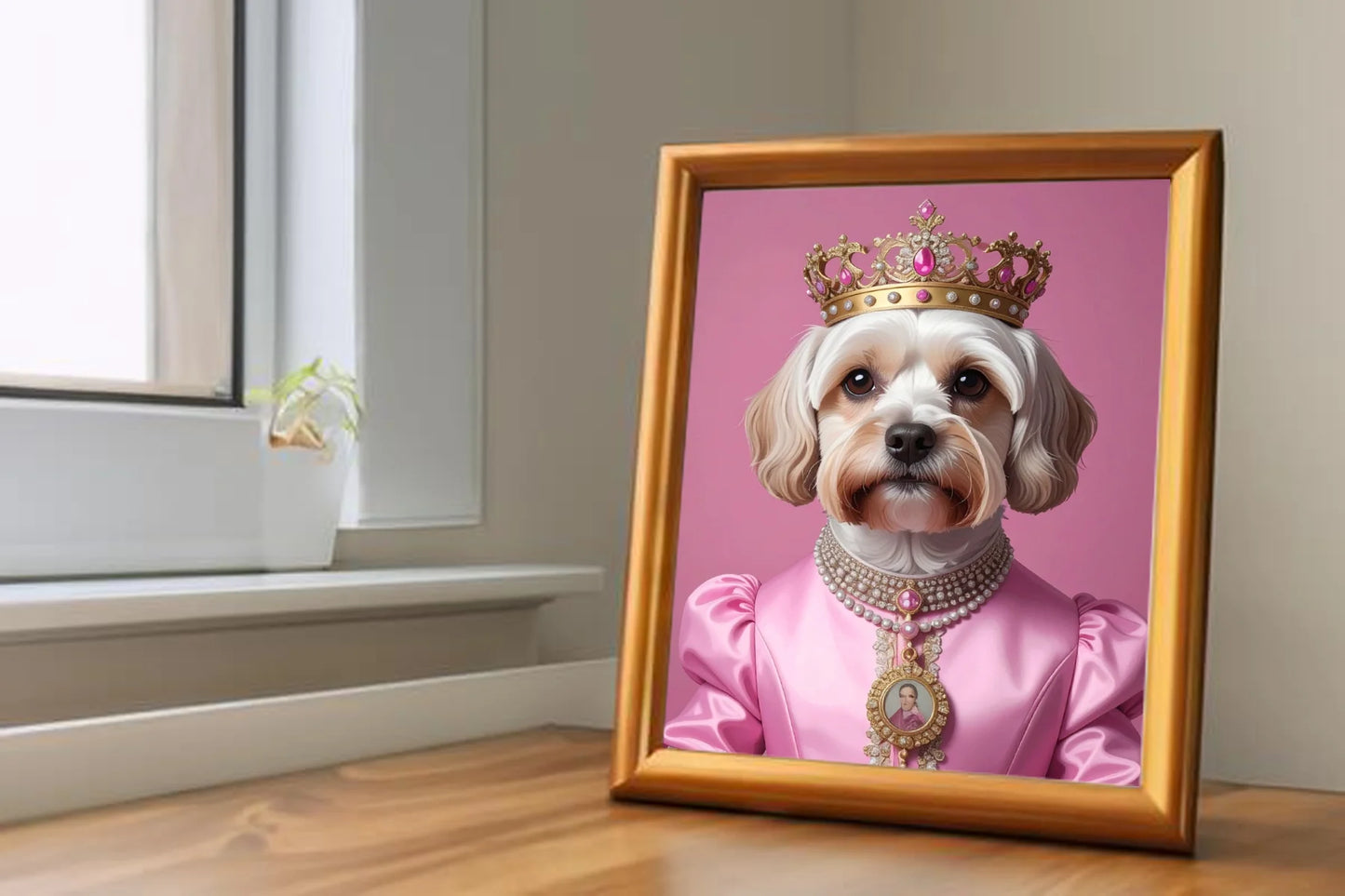 Custom Royal Pet Portrait | Pink Paw Queen | Personalized Wall Art for Pet Lovers