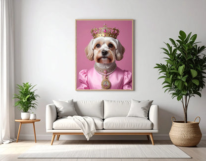 Custom Royal Pet Portrait | Pink Paw Queen | Personalized Wall Art for Pet Lovers