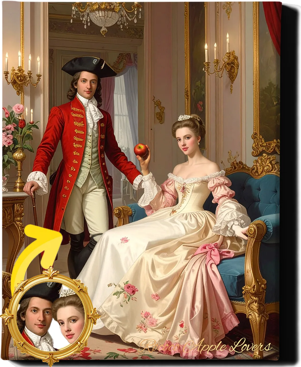 Custom Royal Couple Portrait | Rococo Apple Lovers | Personalized Wall Art Gift