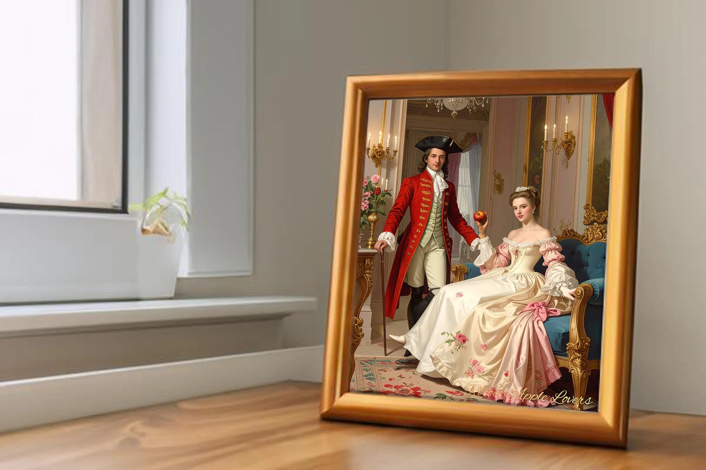 Custom Royal Couple Portrait | Rococo Apple Lovers | Personalized Wall Art Gift
