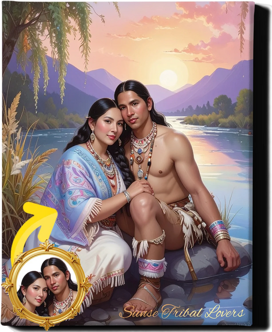 Custom Royal Couple Portrait | Sunset Tribal Lovers | Personalized Wall Art Gift
