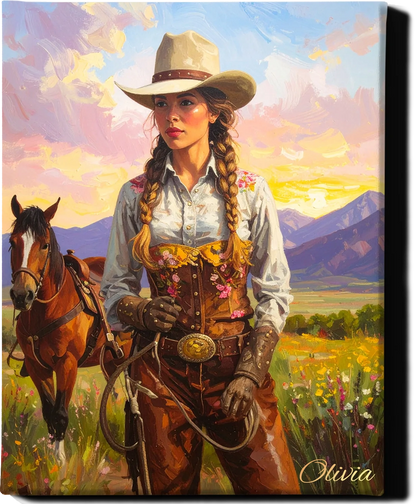 Custom Royal Human Portrait | Western Cowgirl Portrait | Personalized Wall Art Gift for Her