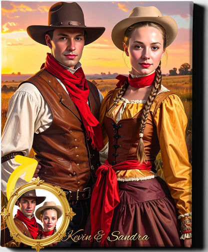 Custom Royal Couple Portrait | Western Frontier Duo | Personalized Wall Art Gift