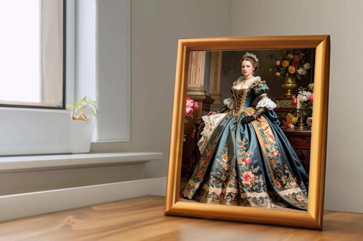 Custom Royal Human Portrait | Splendor with Florals | Personalized Wall Art Gift for her