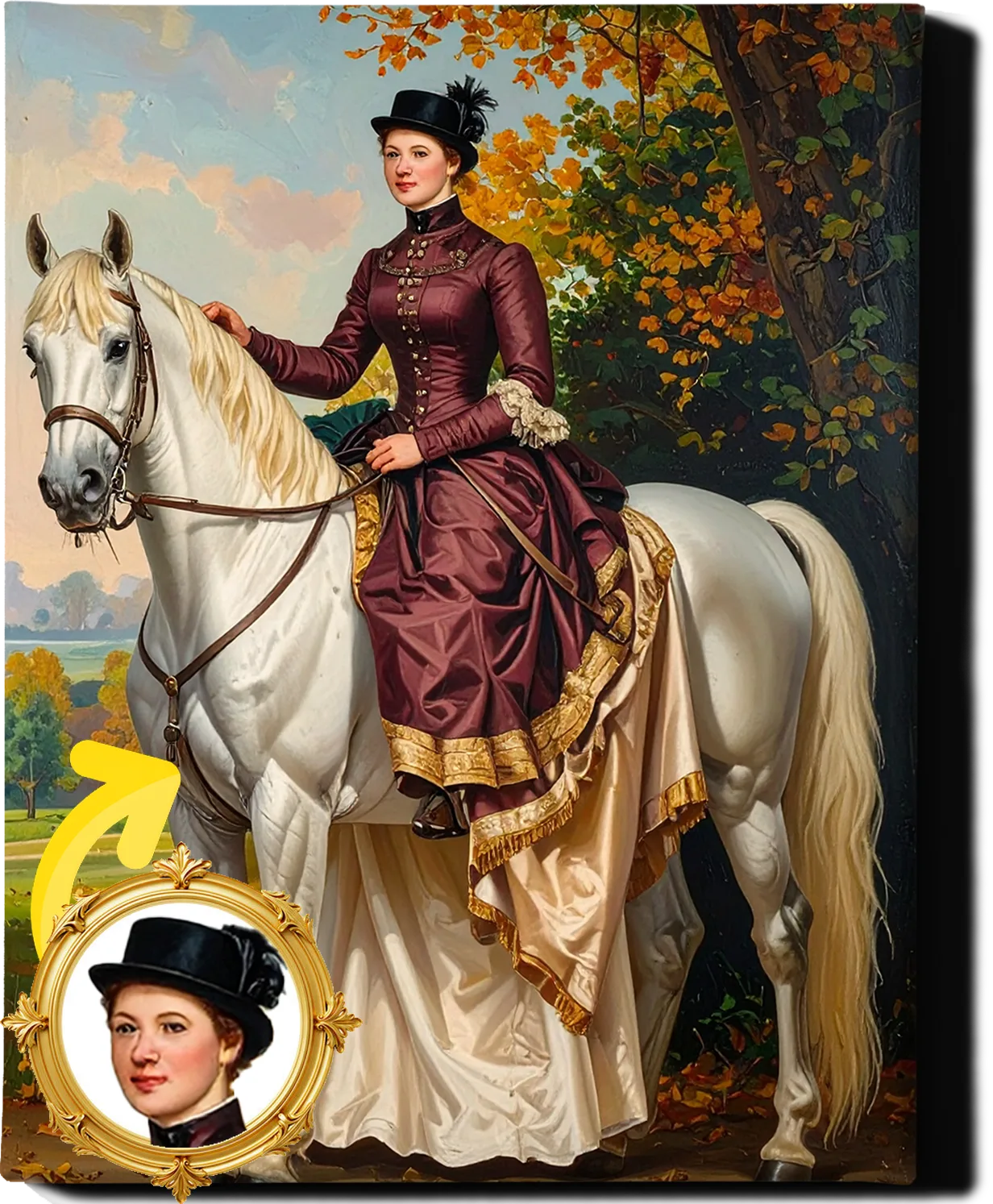 Custom Royal Human Portrait | Lady Equestrian in Autumn | Personalized Wall Art Gift for her