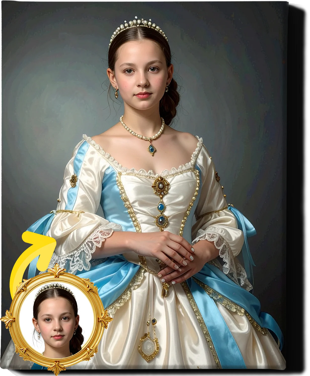 Custom Royal Human Portrait | Princess in White and Blue | Personalized Wall Art Gift for her