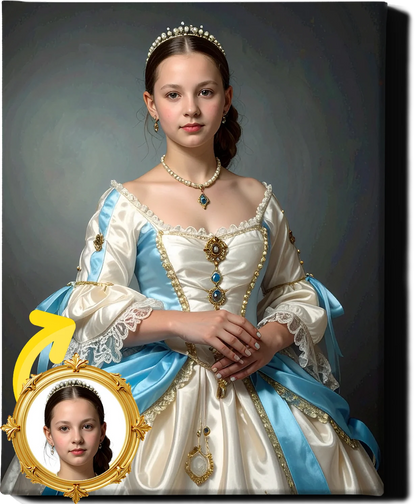 Custom Royal Human Portrait | Princess in White and Blue | Personalized Wall Art Gift for her