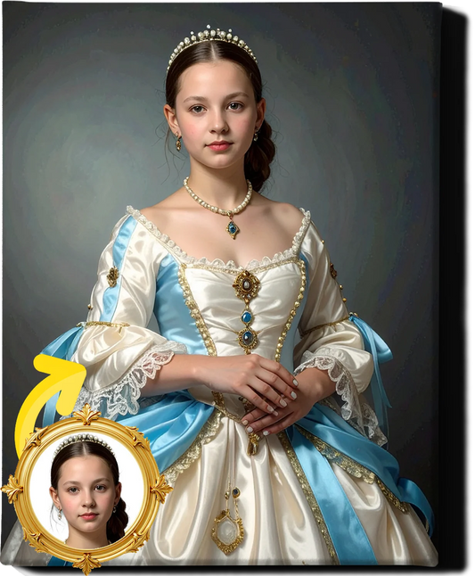 Custom Royal Human Portrait | Princess in White and Blue | Personalized Wall Art Gift for her