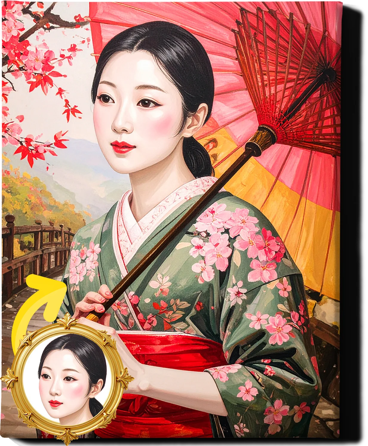 Custom Royal Human Portrait | Japanese Noble Lady with Umbrella | Personalized Wall Art Gift for her