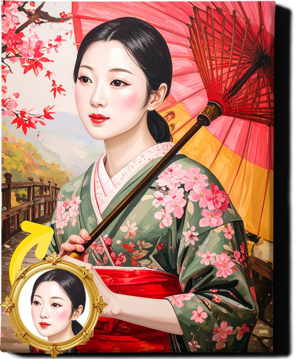 Custom Royal Human Portrait | Japanese Noble Lady with Umbrella | Personalized Wall Art Gift for her
