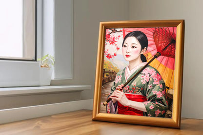 Custom Royal Human Portrait | Japanese Noble Lady with Umbrella | Personalized Wall Art Gift for her