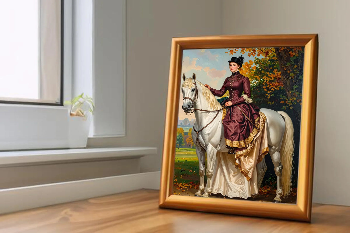 Custom Royal Human Portrait | Lady Equestrian in Autumn | Personalized Wall Art Gift for her