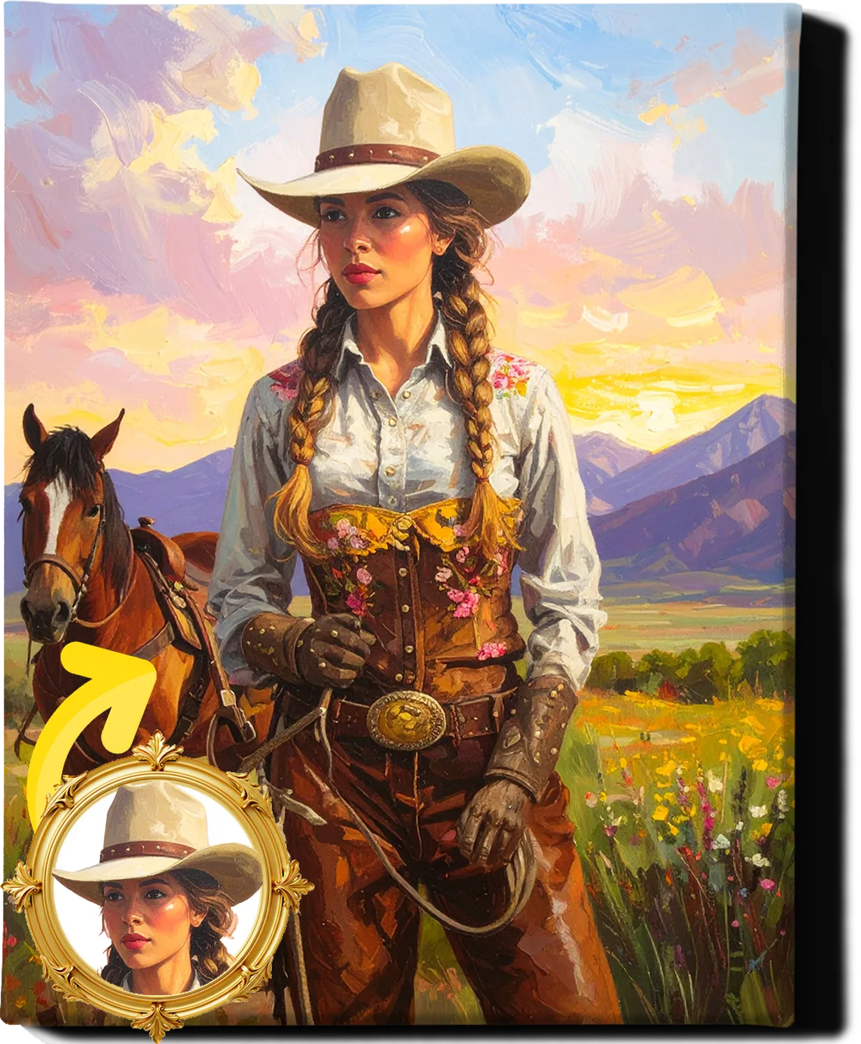 Custom Royal Human Portrait | Western Cowgirl Portrait | Personalized Wall Art Gift for Her